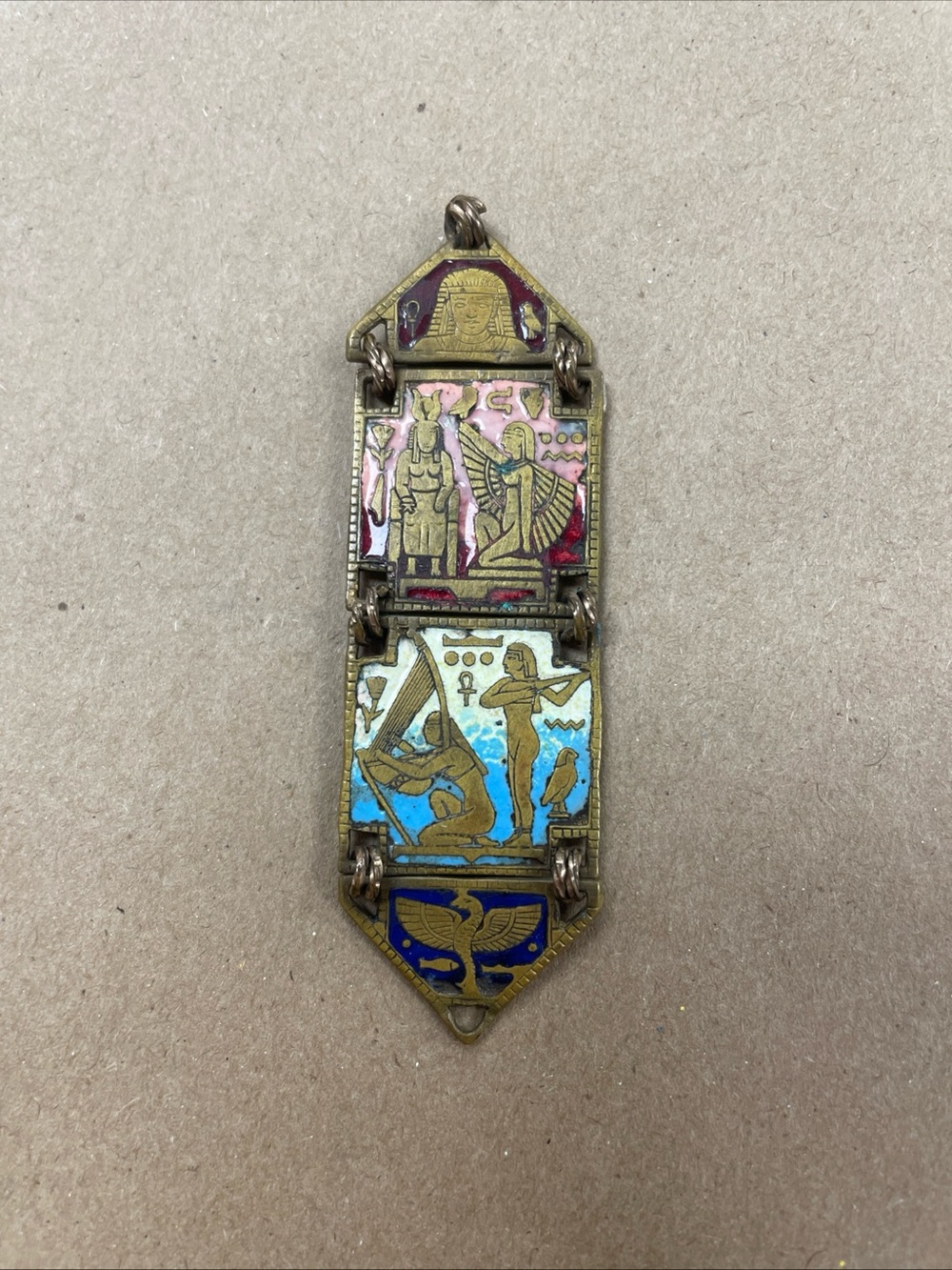 Antique 1920’s Art Deco Egyptian Revival Brass Enamel Sphinx Necklace Pendant